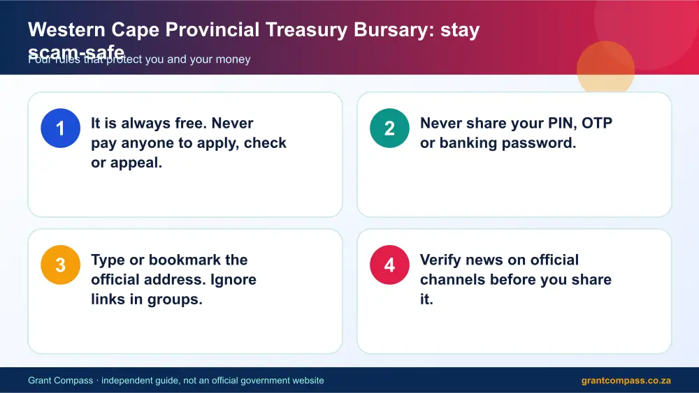 Western Cape Provincial Treasury Bursary stay safe from scams infographic – western cape bursary South Africa 2026