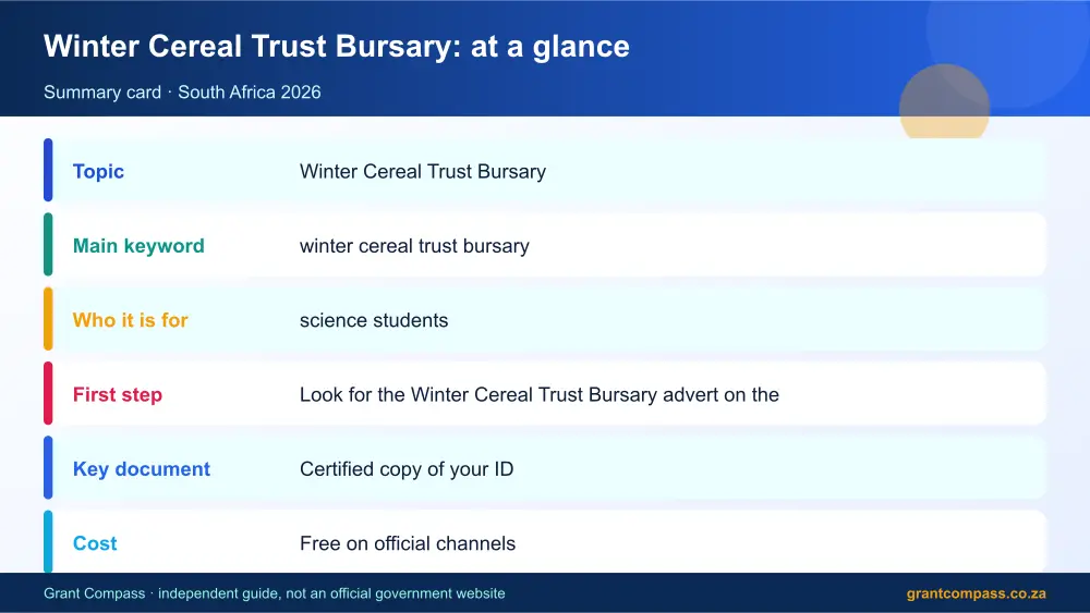 Winter Cereal Trust Bursary at a glance summary infographic – winter cereal trust bursary South Africa 2026