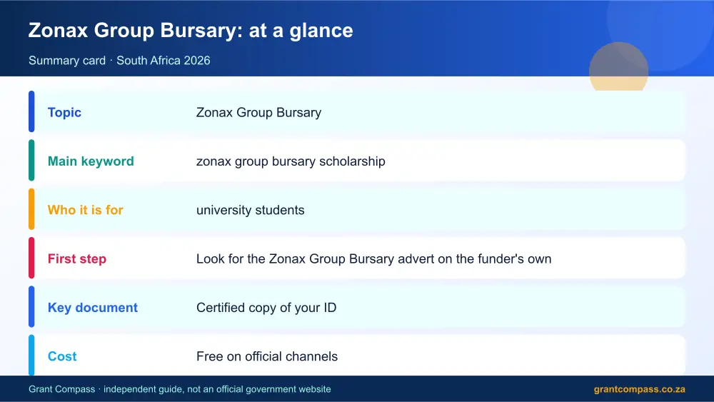 Zonax Group Bursary at a glance summary infographic – zonax group bursary scholarship South Africa 2026