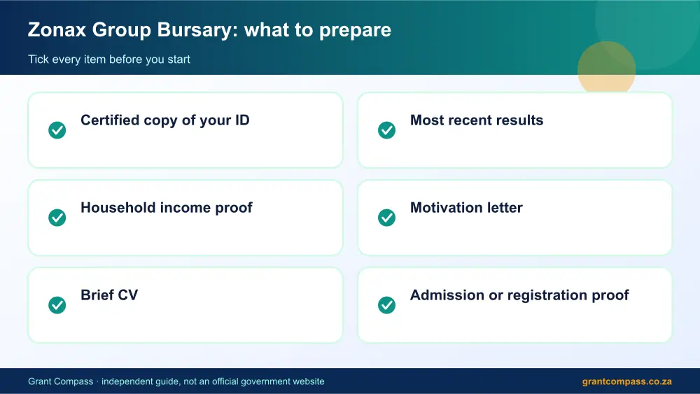 Zonax Group Bursary documents checklist infographic – zonax group bursary scholarship South Africa 2026