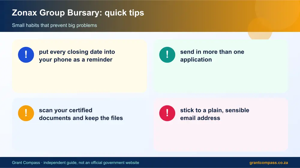 Zonax Group Bursary quick tips cards infographic – zonax group bursary scholarship South Africa 2026
