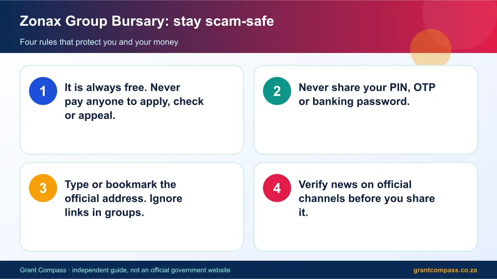 Zonax Group Bursary stay safe from scams infographic – zonax group bursary scholarship South Africa 2026